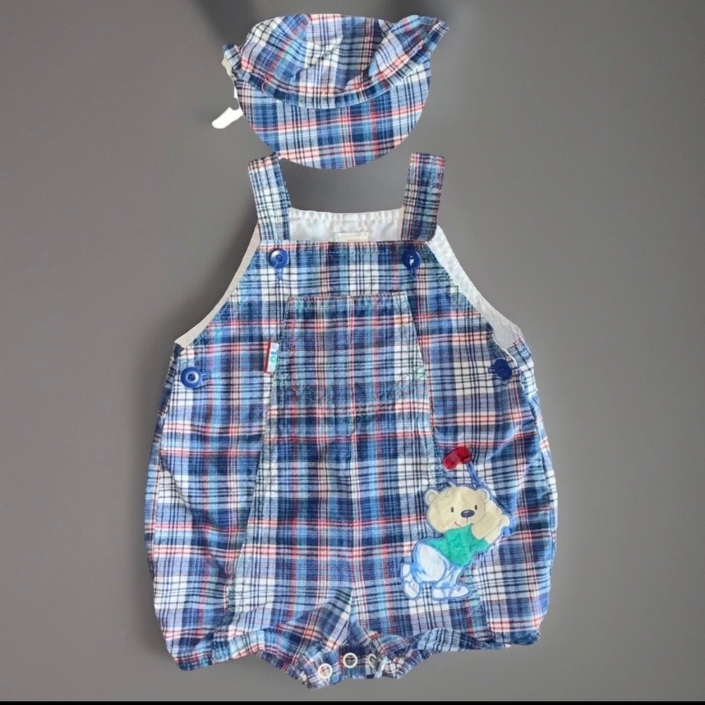 Vintage Baby Plaid Overalls Romper with Matching Hat Bear Golf Size 6-9 Months